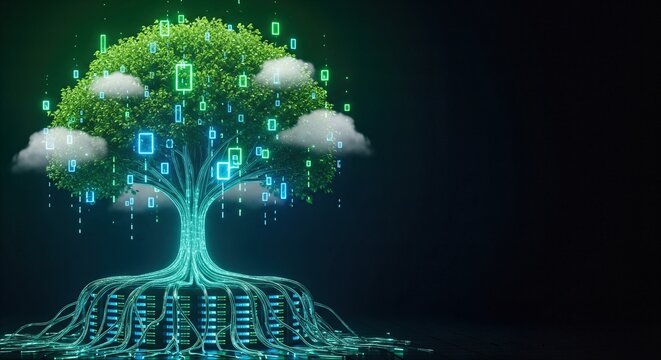 Futuristic digital tree with glowing server roots and data packets, symbolizing green computing and technological growth