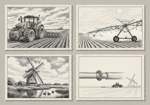 Farm life and agriculture vintage sketch illustration set.