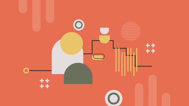 Seamless loop animation of unique geometric objects moving across a vibrant orange background, combining Bauhaus principles with a bold pop art aesthetic for dynamic visuals