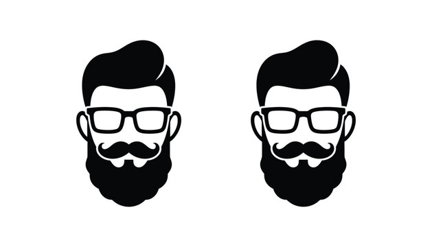 Hipster man head portrait icon with thick glasses and curly mustache and full beard shown in dual black silhouette style for barbershop or fashion branding