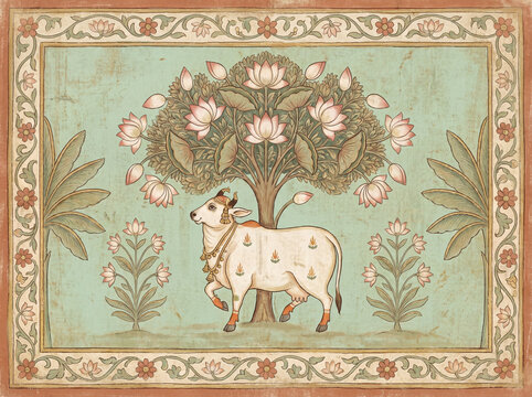Pichhwai style Krishna painting wallpaper with sacred cows lotus flowers and pastel Mughal miniature art design for Indian wedding invitation card poster and banner