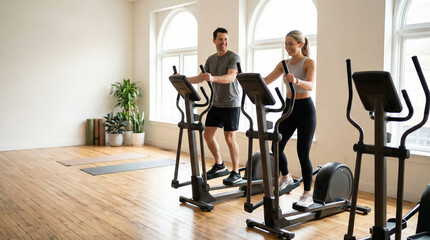 Fototapeta premium Couple Exercising Together on Elliptical Machines in Bright Gym