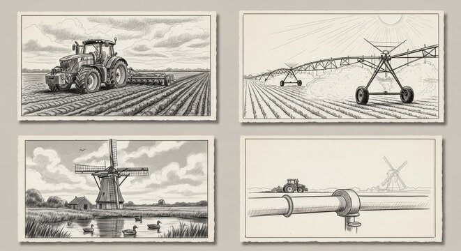 Classic agriculture and farming sketches on vintage paper.