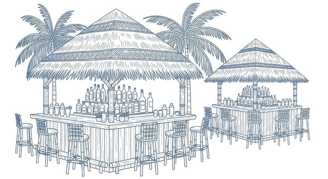 Island beach tiki bar with palm trees line illustration.