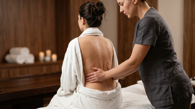 Faceless woman receiving seated lower back massage in luxury spa