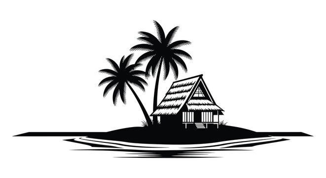 Tropical beach hut with palm trees and ocean view black silhouette high quality professional detailed modern