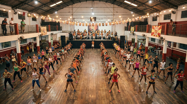 Energetic Dance Class Practicing Rhythms in Festive Indoor Venue with Live Band