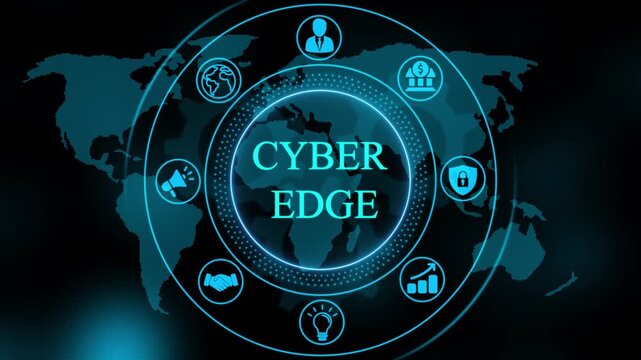 Cyber edge digital security hud interface with global network and futuristic data analytics motion cyber security