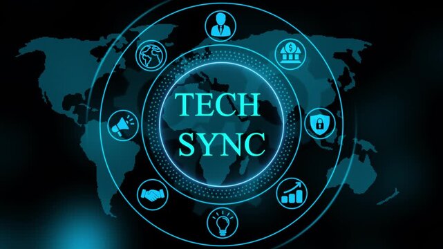 Tech sync digital interface with global network and business data analytics motion background technology