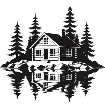 log cabin on lake with pine trees and reflection vector silhouette laser cutting engraving