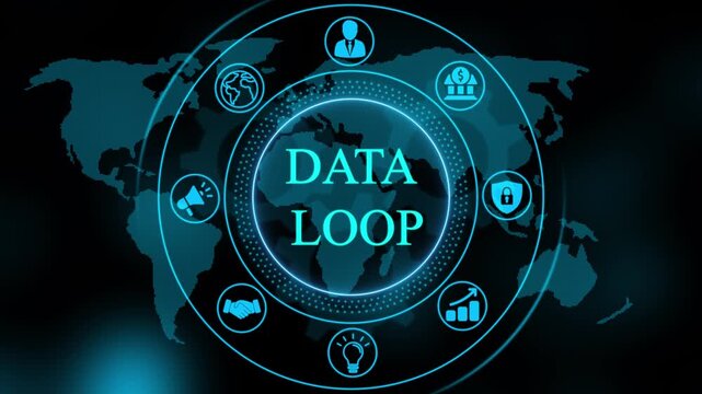 Digital data loop infographic with global network and rotating business analytics interface for tech presentations
