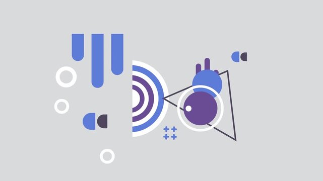 Seamless loop animation of random geometric objects in purple, blue, black, and white moving across a solid gray background, inspired by Bauhaus and pop art design styles