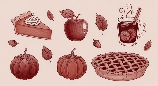 Autumn harvest treats and cozy food hand drawn set.