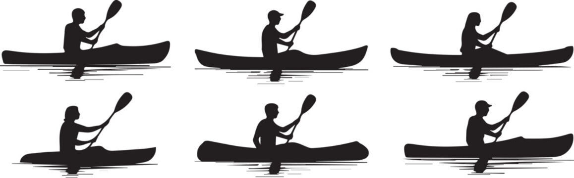 Collection of six black silhouette kayakers paddling on calm water isolated on white background