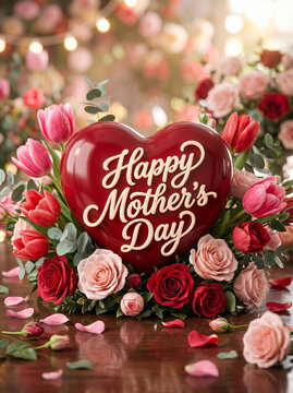 Happy Mothers Day Red Heart with Flowers 3D Render Romantic Floral Background