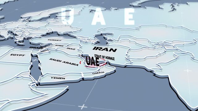 A 3D world map highlights UAE, and Iran, the Middle East, IRAN map, UAE map, Dubai, United Arab Emirates
