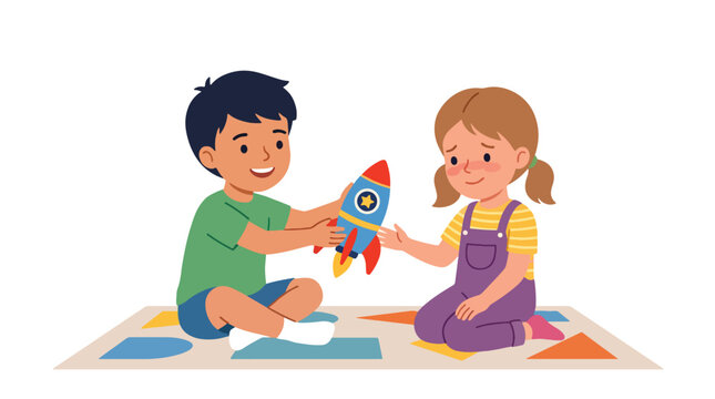 Modern flat vector illustration of little boy sharing favorite toy with shy friend showing kindness empathy and emotional friendship interaction