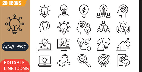 Isolated brainstorm creativity icons set, 20 editable line art icons set, idea innovation teamwork planning concept, creativity tools, minimal outline vector, innovation, idea, strategy, planning © MD.Kawsar Hossan