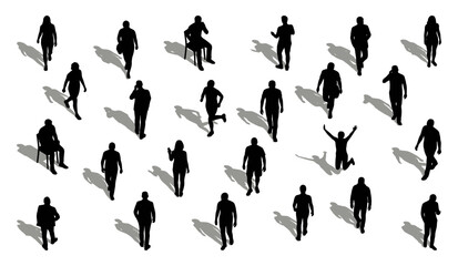 Top view people silhouettes with shadows walking and sitting in urban activities   Overhead pedestrian crowd set for architectural rendering   Vector © Sandaruwan