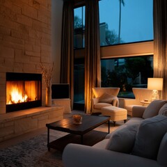 Naklejka premium Cozy Living Room With a Fireplace Glowing at Night