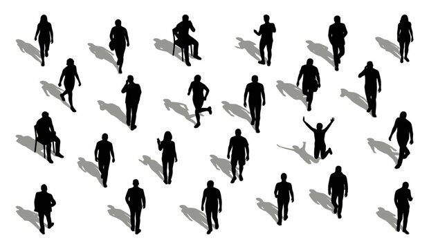 Top view people silhouettes with shadows walking and sitting in urban activities | Overhead pedestrian crowd set for architectural rendering | Vector