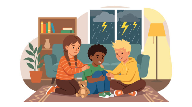 Modern flat vector illustration of children comforting scared friend during thunderstorm showing empathy emotional support and caring friendship