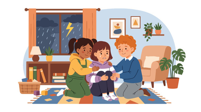 Modern flat vector illustration of children comforting scared friend during thunderstorm showing empathy emotional support and caring friendship