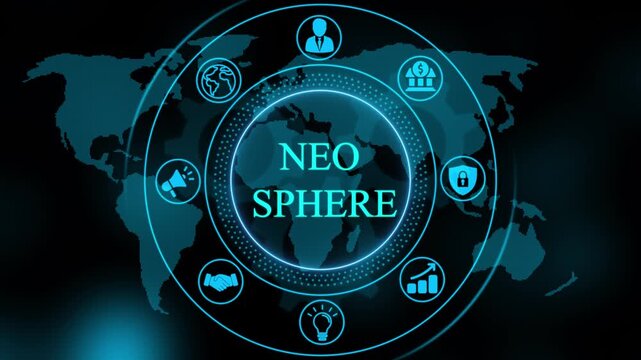 Neo sphere global business network digital interface with animated and map background, for tech presentations