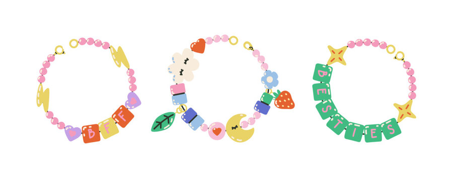 Y2K funky friendship bracelets set. Handmade beaded jewelry with letters, stars, hearts, and plant. Colorful nostalgic DIY accessories in retro style.