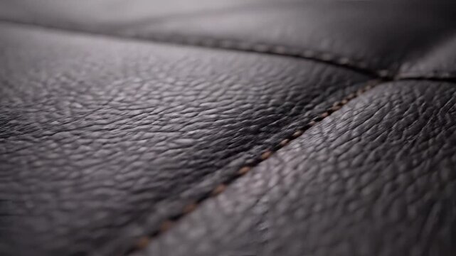 Closeup Macro Shot of Dark Brown Leather Texture with Stitching Detail.