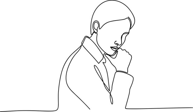 Contemplative person, single line drawing, minimalist portrait, thinking gesture, pensive mood, white background