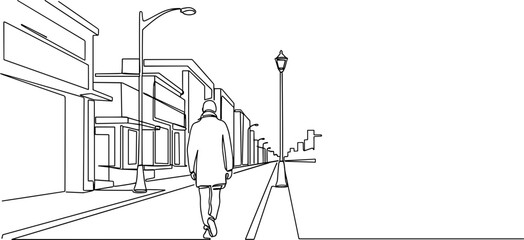 Man in coat walking down city street, line art, perspective view © kumara