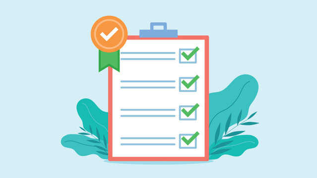 Completed checklist with a medal of completion. Completed test, with all answers marked correctly. Gold medal with a checker icon. Flat design vector illustration.
