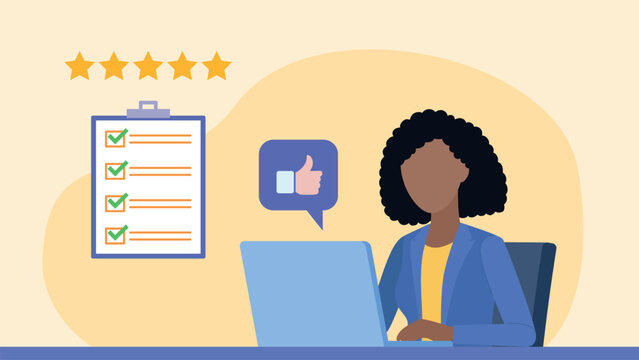 Business woman working on laptop and completing a survey. Checklist with completed fields. All responses marked in green, thumbs up, and five stars. Flat design vector illustration