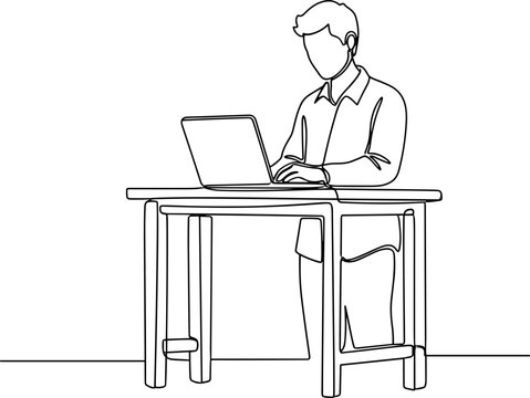 Man working on laptop at standing desk, minimalist line art illustration
