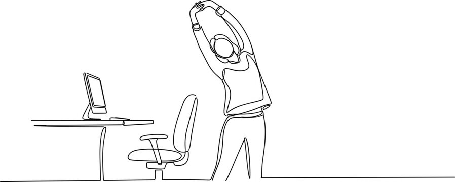 Office worker doing side stretch with arms overhead next to desk and chair, single line drawing.