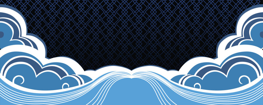 Abstract illustration featuring stylized blue waves and clouds. A dark, patterned background fills the upper portion of the frame.