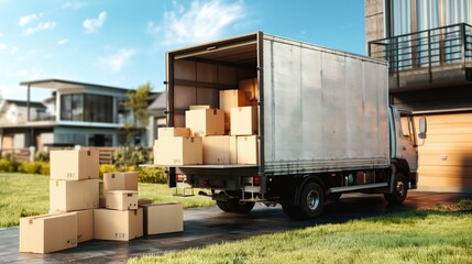 Naklejka premium A moving truck with stacked cardboard boxes sits outside a modern suburban house. Bright sunlight highlights the realistic moving day scene and green lawn backdrop.