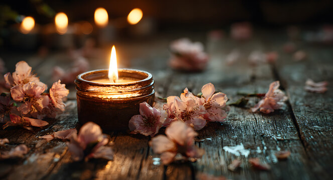 At dusk, a solemn memorial and mournful tribute to wrongful death is represented by a solitary flickering candle flame surrounded by delicate petals on a rustic wooden surface.