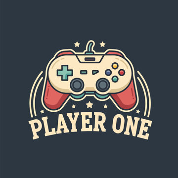 Retro video game controller badge design for gamers.