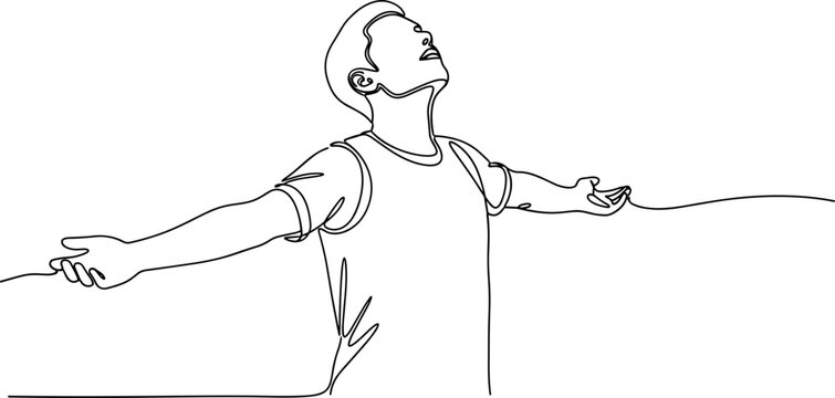 One line drawing of a man with arms outstretched, head tilted back in joy and freedom.