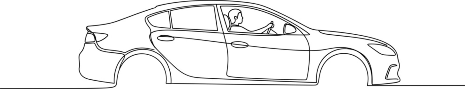 Minimalist line drawing of a car with a driver, sedan side view