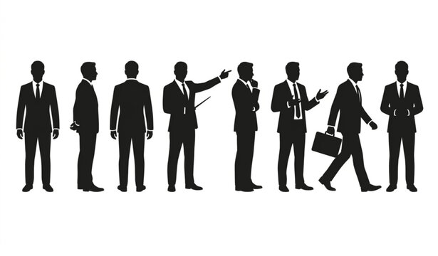 Corporate businessman silhouette lineup with formal suit poses front side and back view vector set isolated on white