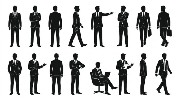 Businessman silhouette vector set with formal suit poses front back side and thinking characters isolated on white