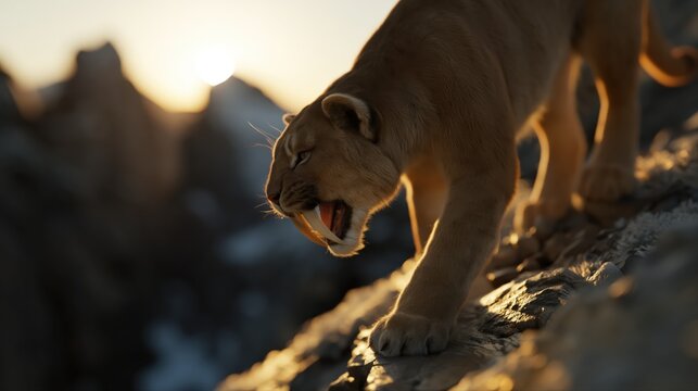 A powerful smilodon stands on a rocky ledge, illuminated by golden sunset light. Its massive saber teeth and muscular form overlook a frozen ancient valley.