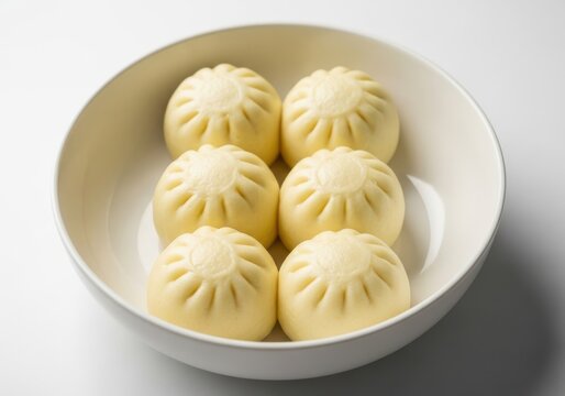Steamed pouch dumplings arranged in a ceramic bowl isolated on white background
