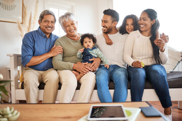 Fototapeta premium Big family, grandparents and happy kids in home, generations bonding and parents relax together. Baby, grandfather and grandmother with girl for connection, support and hug for love with portrait