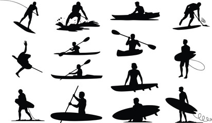 Surfing, kayaking, silhouette, set, black, isolated, white, background, water, sports, ocean, summer, paddle, board, surfboard, kayak, adventure, beach, vector, illustration. © MOSTSHAHANAJ
