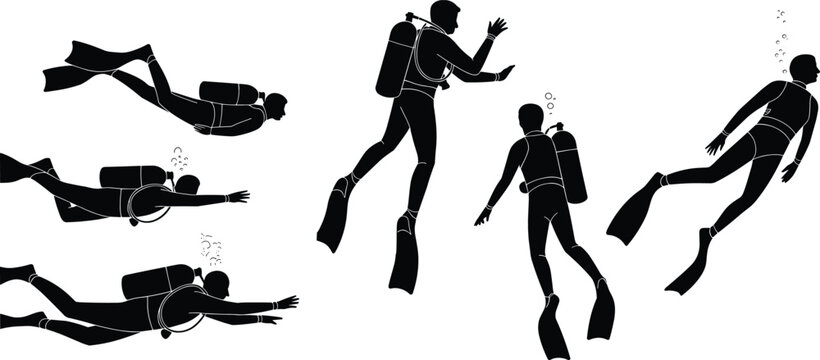 Scuba, diver, silhouette, set, black, isolated, white, background, swimming, underwater, ocean, deep, sea, adventure, snorkeling, equipment, sports, vacation, vector, illustration.