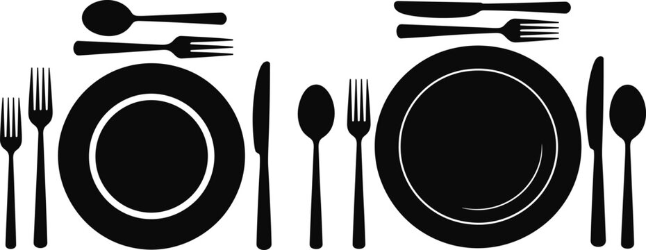 Table, setting, silhouette, set, black, isolated, white, background, dinner, plate, fork, knife, spoon, cutlery, etiquette, restaurant, dining, lunch, vector, illustration.